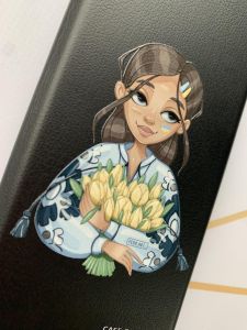 Чохол-книжка з малюнком для Samsung Galaxy A04E/ A042 Чорний :: Дівчина з тюльпанами (принт 22)