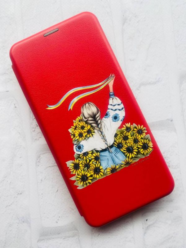 Чохол-книжка з малюнком для Xiaomi Redmi Note 8 Pro Червоний; Дівчина зі стрічкою (патріотичний принт 25)