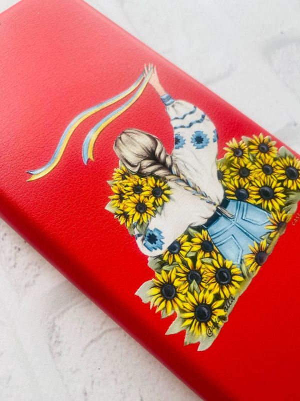 Чохол-книжка з малюнком для Xiaomi Redmi Note 8 Pro Червоний; Дівчина зі стрічкою (патріотичний принт 25)