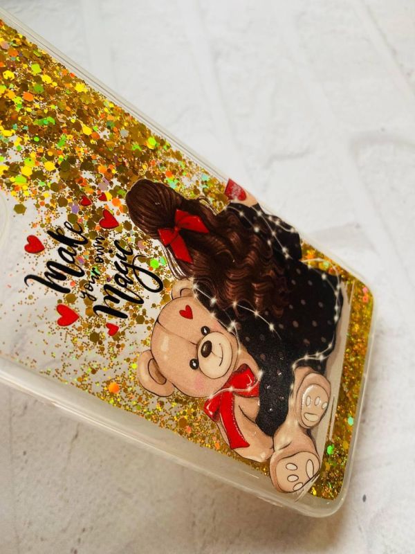 Чохол з плаваючими блискітками на Samsung Galaxy A52 (A525) Золотий :: Дівчина з ведмедиком (принт 188)