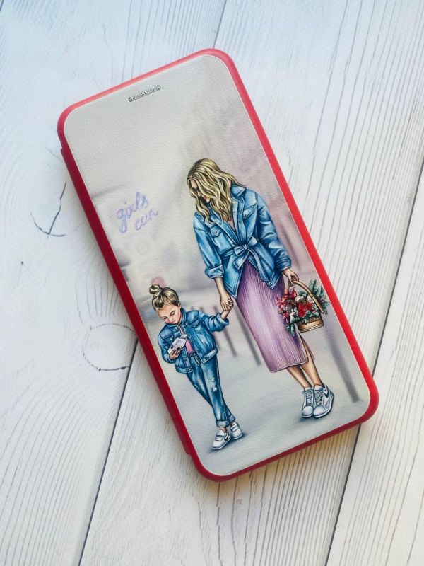 Чохол-книжка з малюнком для Xiaomi Redmi Note 8T Червоний :: Мама і донька (принт 56)