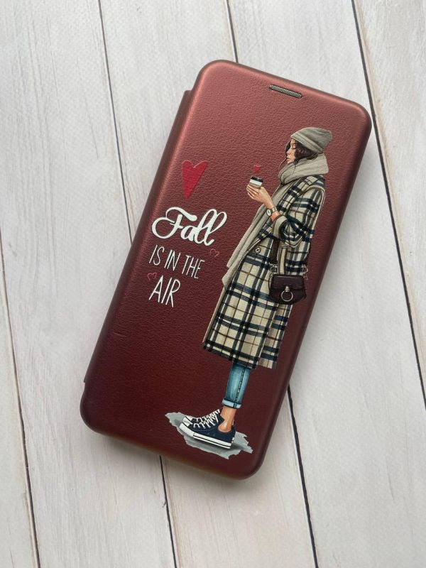 Чохол-книжка з малюнком для Samsung Galaxy S21 FE  Бордовий :: Дівчина з кавою (принт 59)