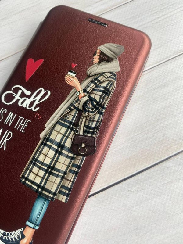 Чохол-книжка з малюнком для Samsung Galaxy S21 FE  Бордовий :: Дівчина з кавою (принт 59)