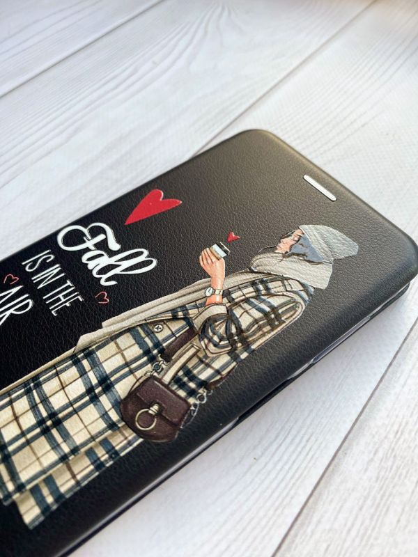 Чохол-книжка з малюнком для Samsung Galaxy S21 FE Чорний :: Дівчина з кавою (принт 59)