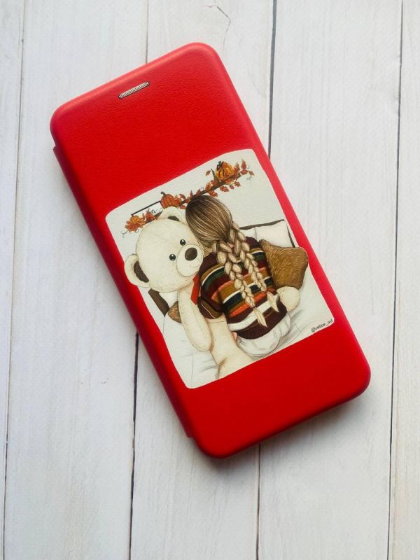 Чохол-книжка з малюнком для Xiaomi Redmi 9 Червоний;  Дівчинка з ведмедиком (принт 117)