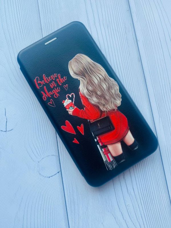 Чохол-книжка з малюнком для Xiaomi Redmi 9A Чорний; Дівчина з кавою (принт 137)