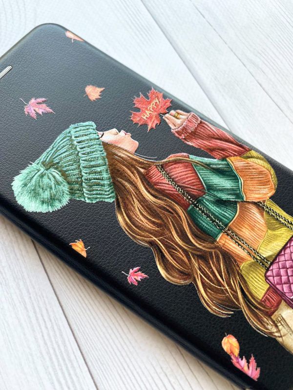 Чохол-книжка з малюнком для Samsung Galaxy M14 Чорний :: Дівчина з листям (принт 221)