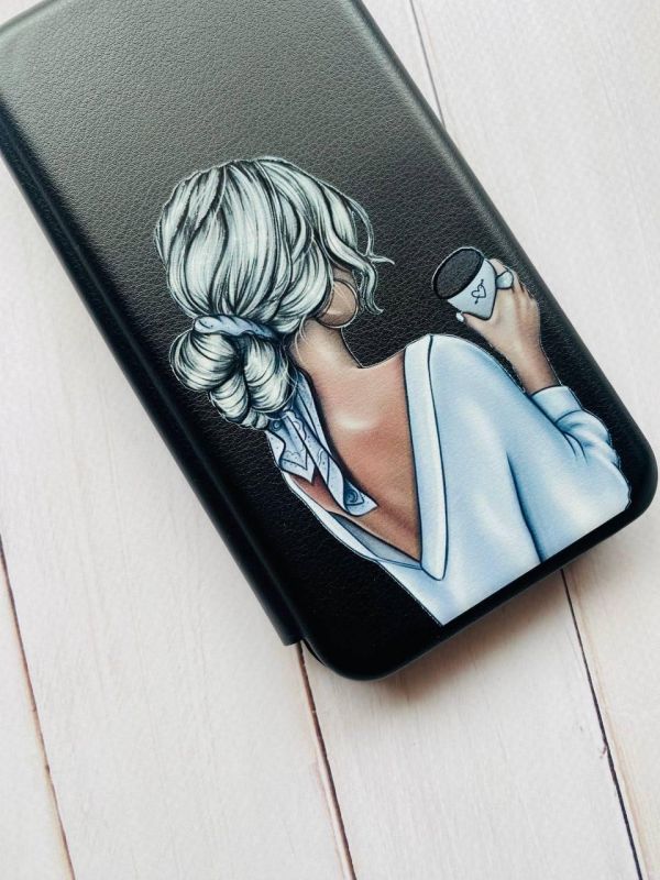 Чохол-книжка з малюнком для Apple iPhone XR Чорний :: Дівчина з латте (принт 227)