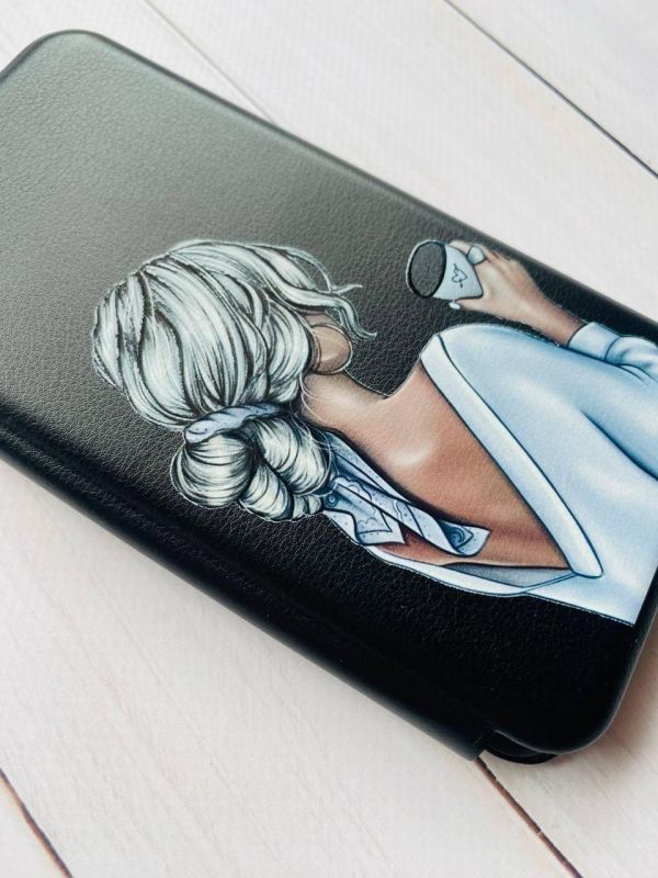 Чохол-книжка з малюнком для Xiaomi Redmi Note 11T Чорний :: Дівчина з латте (принт 227)