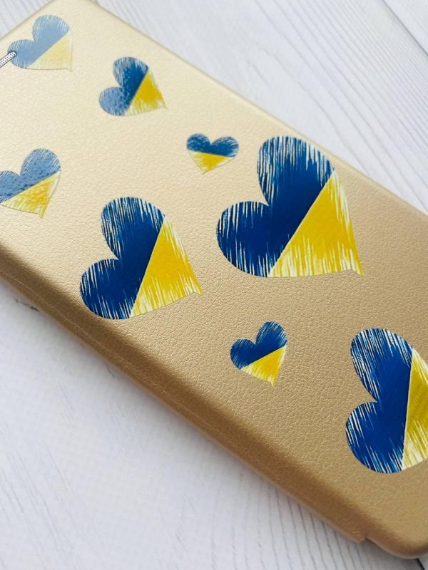 Чохол-книжка з малюнком для Samsung Galaxy A12 Золотий :: Сердечка. Україна (принт 258)