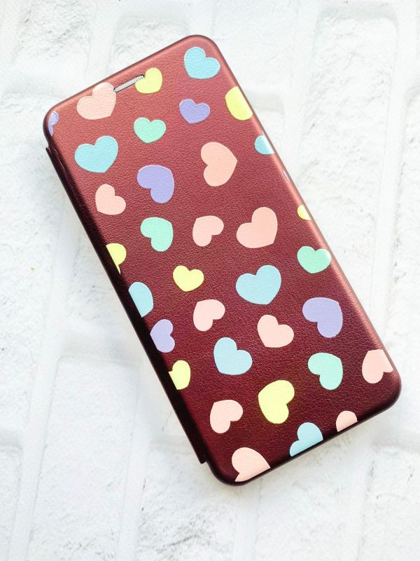 Чохол-книжка з малюнком для Xiaomi Redmi 7A Бордовий :: Різнокольорові сердечка (принт 335)