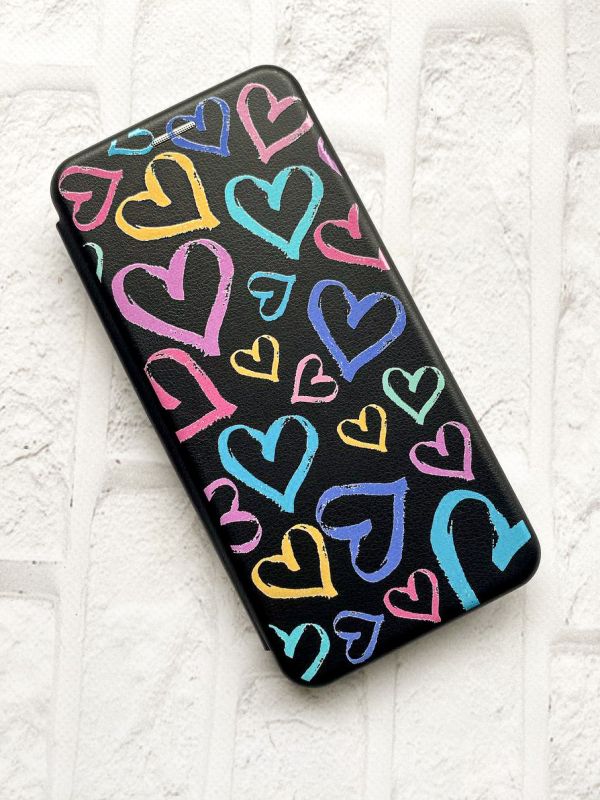 Чохол-книжка з малюнком для Xiaomi Redmi 9C/10A Чорний :: Різнокольорові сердечка (принт 332)