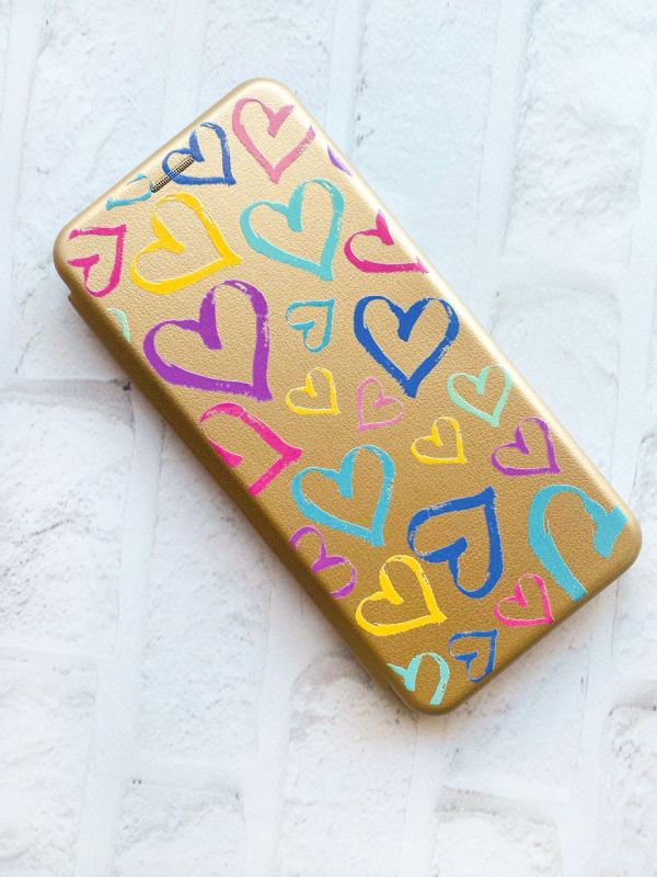 Чохол-книжка з малюнком для Xiaomi Redmi 9C/10A Золотий :: Різнокольорові сердечка (принт 332)