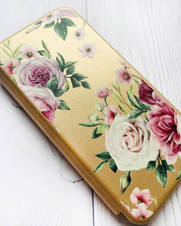 Чохол-книжка з малюнком для Xiaomi Redmi 9A Золотий :: Рожеві квіти (принт 287)