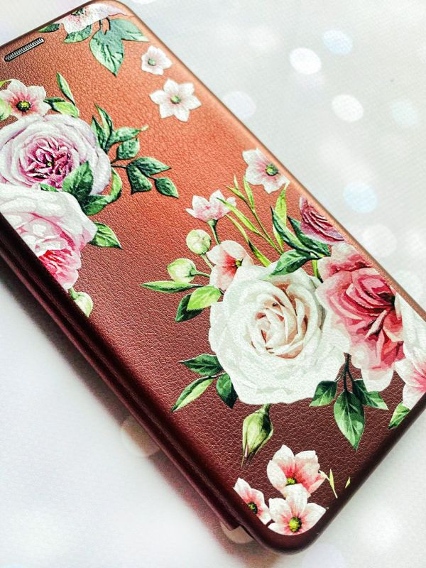 Чохол-книжка з малюнком для Xiaomi Redmi 9C/10A Бордовий :: Рожеві квіти (принт 287)