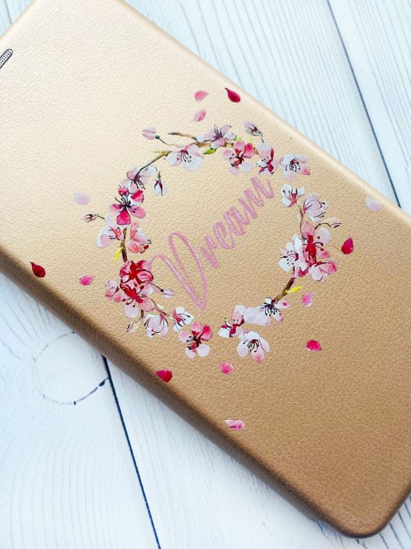 Чохол-книжка з малюнком для Xiaomi Poco C40 Золотий :: Віночок з сакури (принт 284)