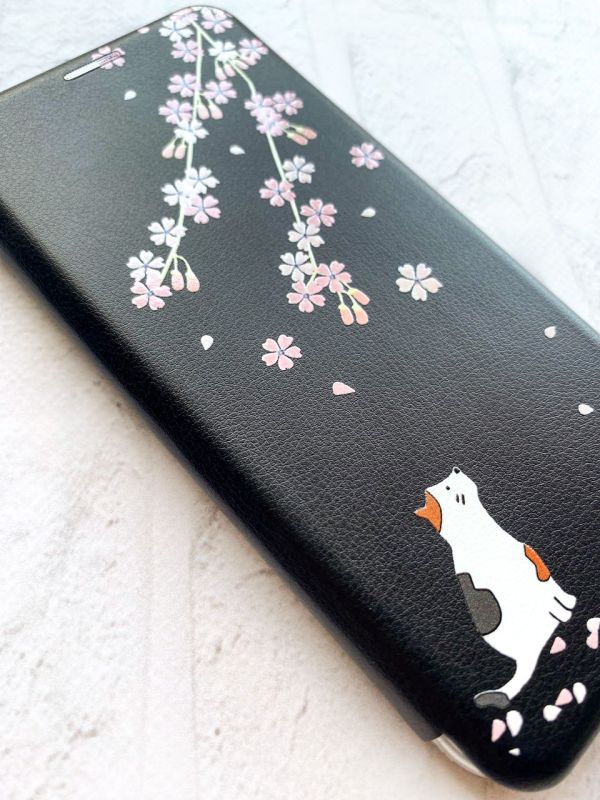 Чохол-книжка з малюнком для Xiaomi Redmi Note 8 Pro Чорний :: Котик і сакура (принт 283)