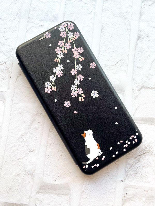 Чохол-книжка з малюнком для iPhone 7, 8 Чорний :: Котик і сакура (принт 283)