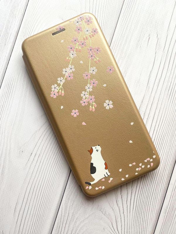 Чохол-книжка з малюнком для Samsung Galaxy А10 (2019)/ А105  Золотой :: Котик і сакура (принт 283)