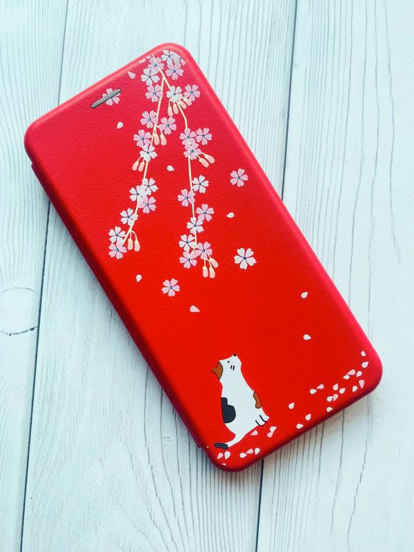 Чохол-книжка з малюнком для Xiaomi Redmi 10С Червоний :: Котик і сакура (принт 283)