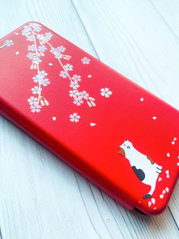 Чохол-книжка з малюнком для Xiaomi Redmi Note 8 Pro Червоний :: Котик і сакура (принт 283)