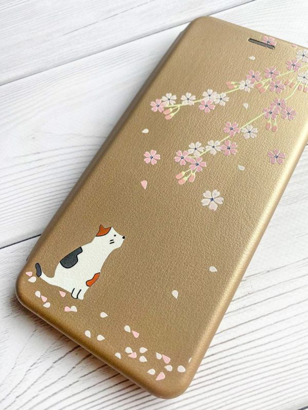 Чохол-книжка з малюнком для Samsung Galaxy A03/A035 Золотий :: Котик і сакура (принт 283)