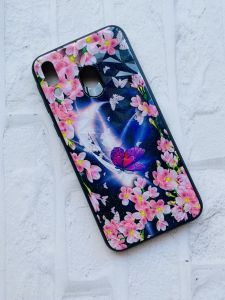 Силіконовий чохол для Samsung M20 Скляні ромби. Метелик у квітах
