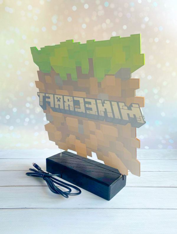 Дитячий нічник Куб Майнкрафт Minecraft (на чорній підставці)