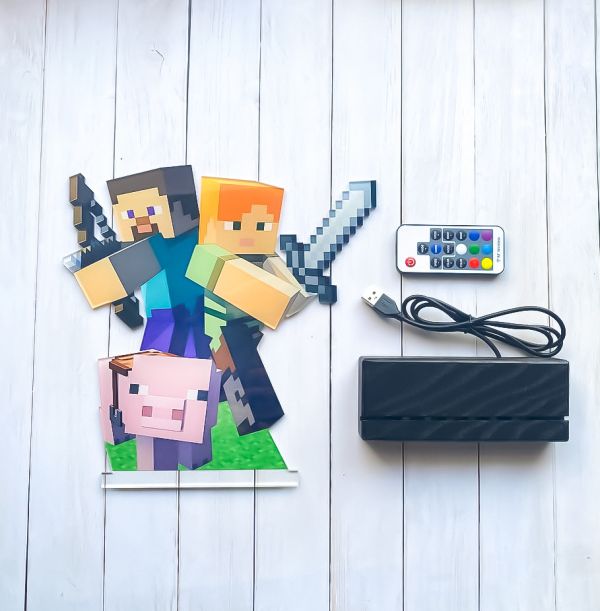 Дитячий нічник Стів і Алекс із Майнкрафт Minecraft (на чорній підставці)