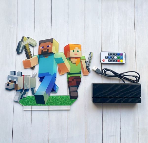 Дитячий нічник Стів і Алекс із Майнкрафт Minecraft (на чорній підставці, дизайн 17)
