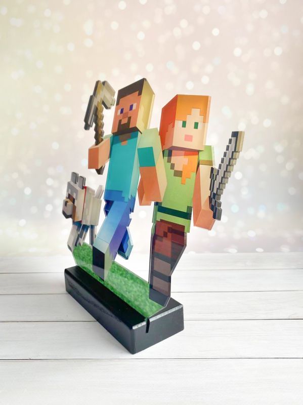 Дитячий нічник Стів і Алекс із Майнкрафт Minecraft (на чорній підставці, дизайн 17)