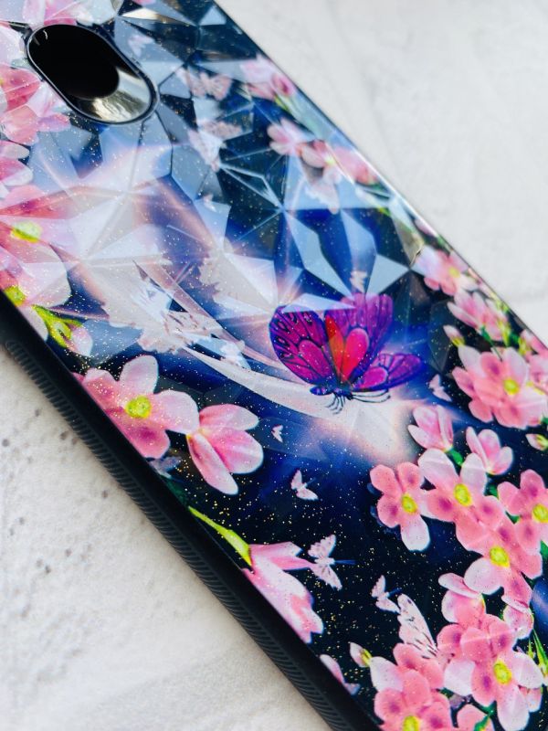 Силіконовий чохол для Samsung Galaxy M30 Скляні ромби. Метелик в квітах