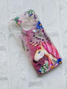 Силіконовий чохол з плаваючими блискітками для Samsung Galaxy M30 Одноріг у квітах