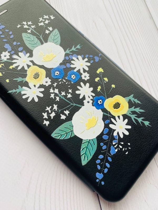 Чохол-книжка з малюнком для Xiaomi Redmi Note 8 Pro Чорний :: Квіти. Акварель (принт 271)