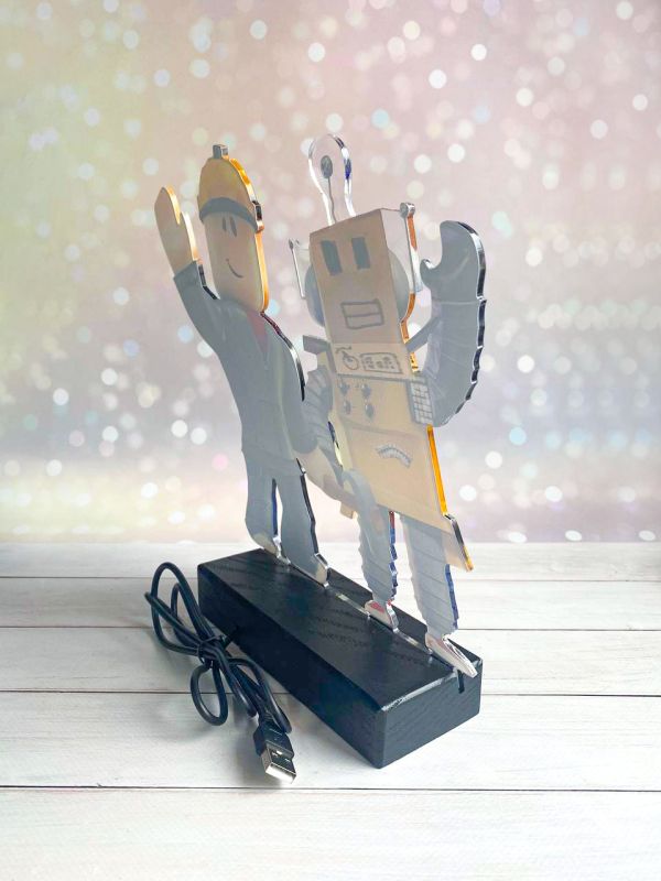 Дитячий нічник Робот і Будівельник з Роблокса Roblox на чорній підставці (дизайн 26)