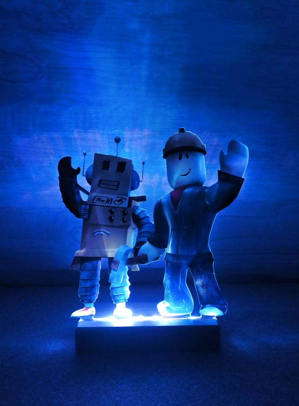 Нічник Роблокс Roblox Будівельник і Робот з регулюванням освітлення через пульт ДУ (чорна підставка, дизайн 26)