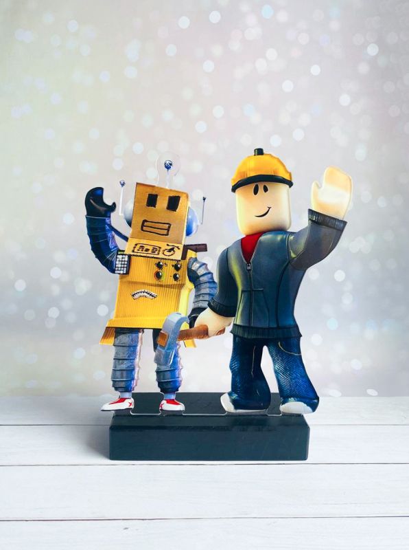 Нічник Роблокс Roblox Будівельник і Робот з регулюванням освітлення через пульт ДУ (чорна підставка, дизайн 26)