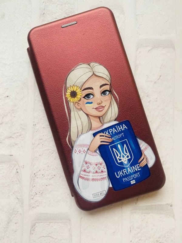 Чохол-книжка з малюнком для Xiaomi Redmi 9А Бордовий :: Дівчина з паспортом (принт 13)