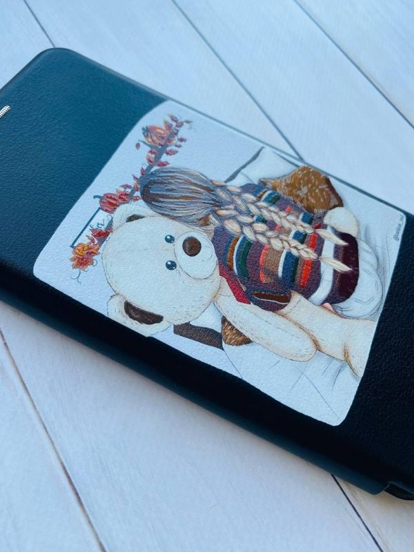 Чохол-книжка з малюнком для Xiaomi Redmi 8A Чорний; Дівчинка з ведмедиком (принт 117)