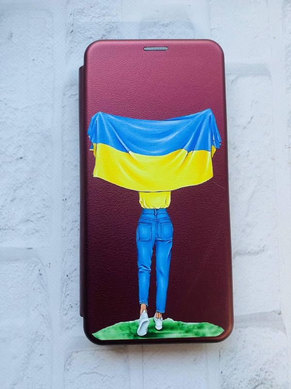 Чохол-книжка з малюнком для Samsung Galaxy S21 FE  Бордовий :: Дівчина з прапором (принт 263)