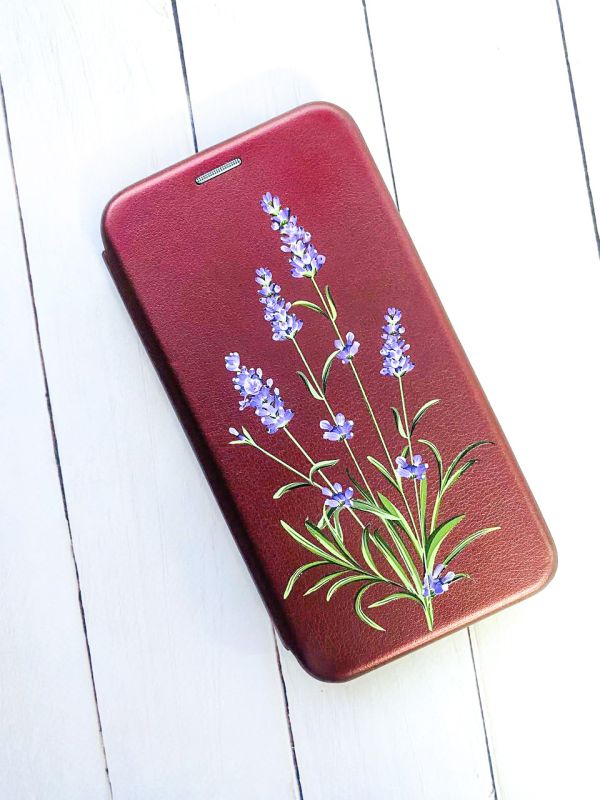 Чохол-книжка з малюнком для Xiaomi Redmi Note 8 Бордовий :: Гілочки лаванди (принт 266)