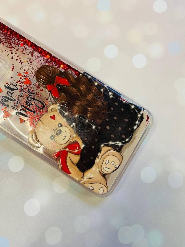 Чохол із плаваючими блискітками на iPhone 14 Червоний :: Дівчина з ведмедиком (принт 188)