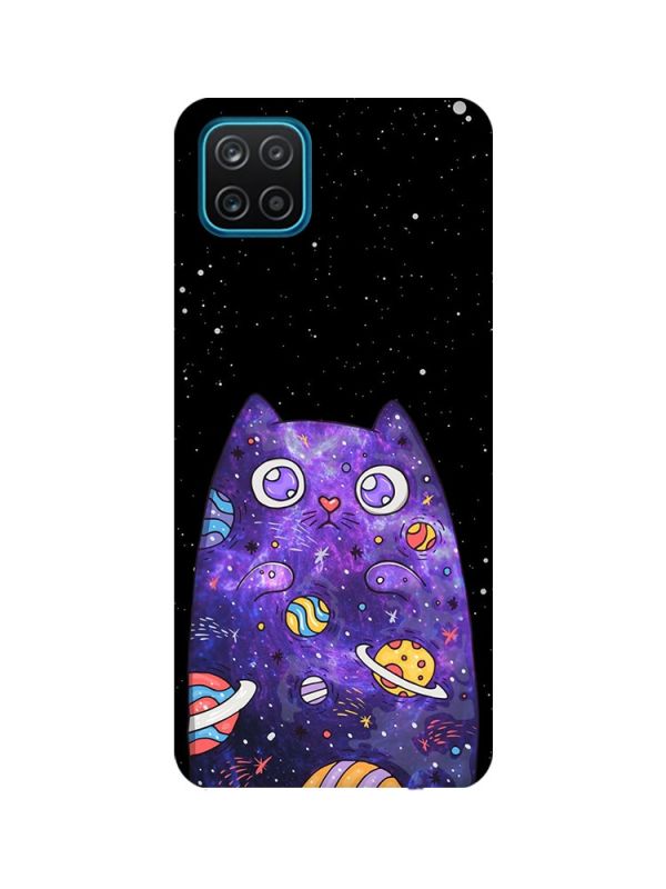 Матовий чохол з бірюзовими боками на Samsung Galaxy A12 :: Фіолетова кішка (принт 361)
