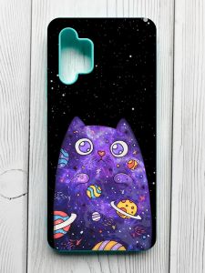 Матовий чохол з бірюзовими боками на Samsung Galaxy A32 :: Фіолетова кішка (принт 361)