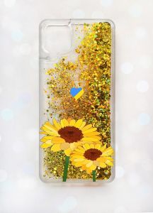 Чохол з плаваючими блискітками Samsung A12 Золотий :: Жовті квіти (патріотичний принт 364)