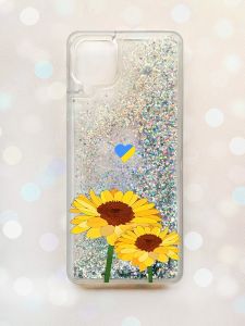 Чохол з плаваючими блискітками Samsung Galaxy A12 Срібний :: Жовті квіти (патріотичний принт 364)