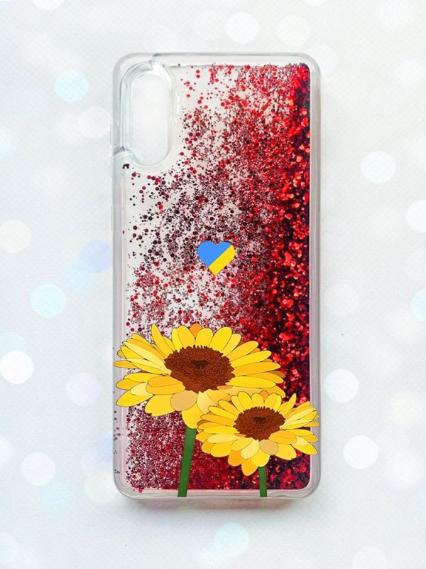 Чохол з плаваючими блискітками Samsung Galaxy A02 / A022 (2021) Червоний :: Жовті квіти (принт 364)
