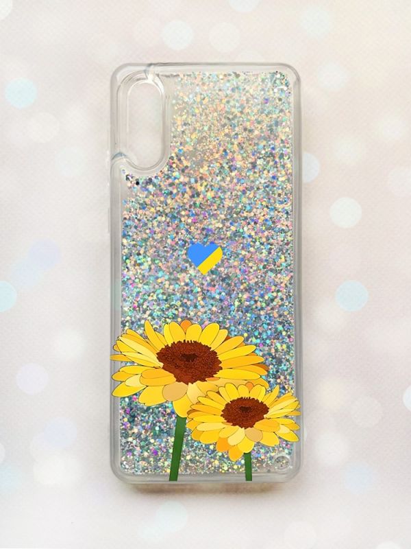 Чохол з плаваючими блискітками Samsung Galaxy A02 / A022 (2021) Срібний :: Жовті квіти (принт 364)
