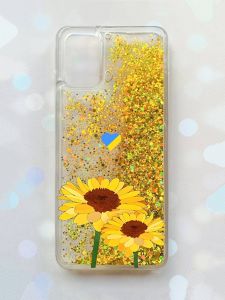 Чохол з плаваючими блискітками для Samsung Galaxy A03s (A037) Золотий :: Жовті квіти (принт 364)