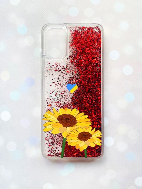 Чохол з плаваючими блискітками для Samsung Galaxy A03s (A037) Червоний :: Жовті квіти (принт 364)